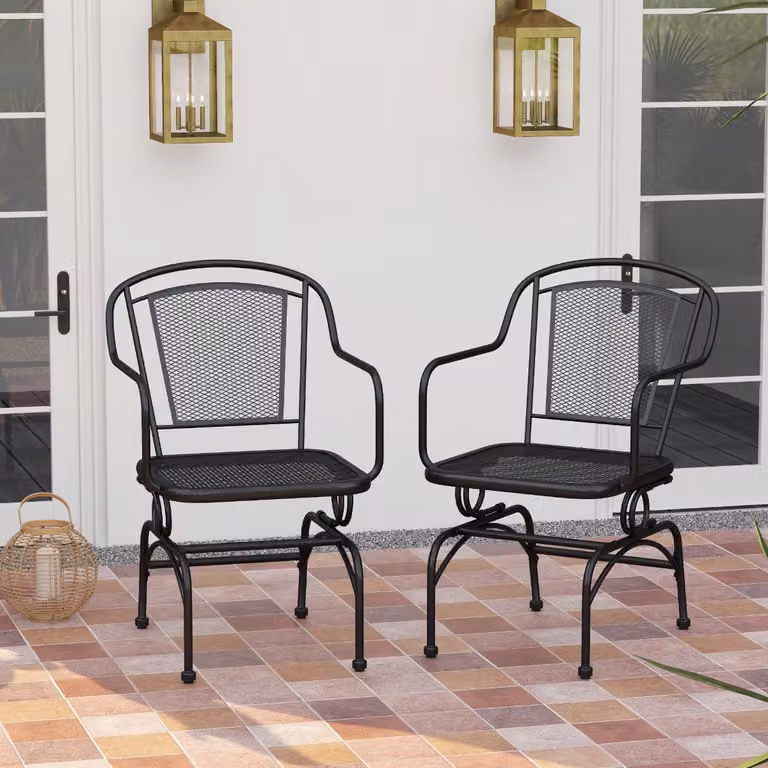 Set di 2 sedie a dondolo da giardino Costway con schienale e seduta in rete e braccioli, colore nero opaco