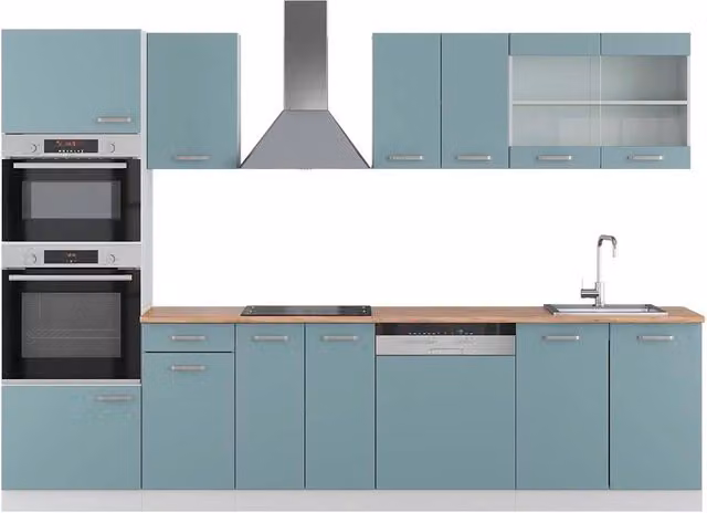 Cucina componibile moderna R-Line Vicco, colore Grigio-blu/Bianco con dettagli Rovere, L: 300 cm, H: 206,8 cm, P: 60 cm – 1