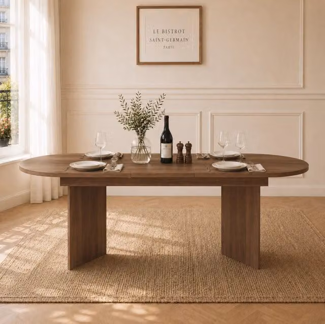 Tavolo da pranzo allungabile 160/200x90 cm in MDF con angoli arrotondati, per 6-8 persone, design semplice noce