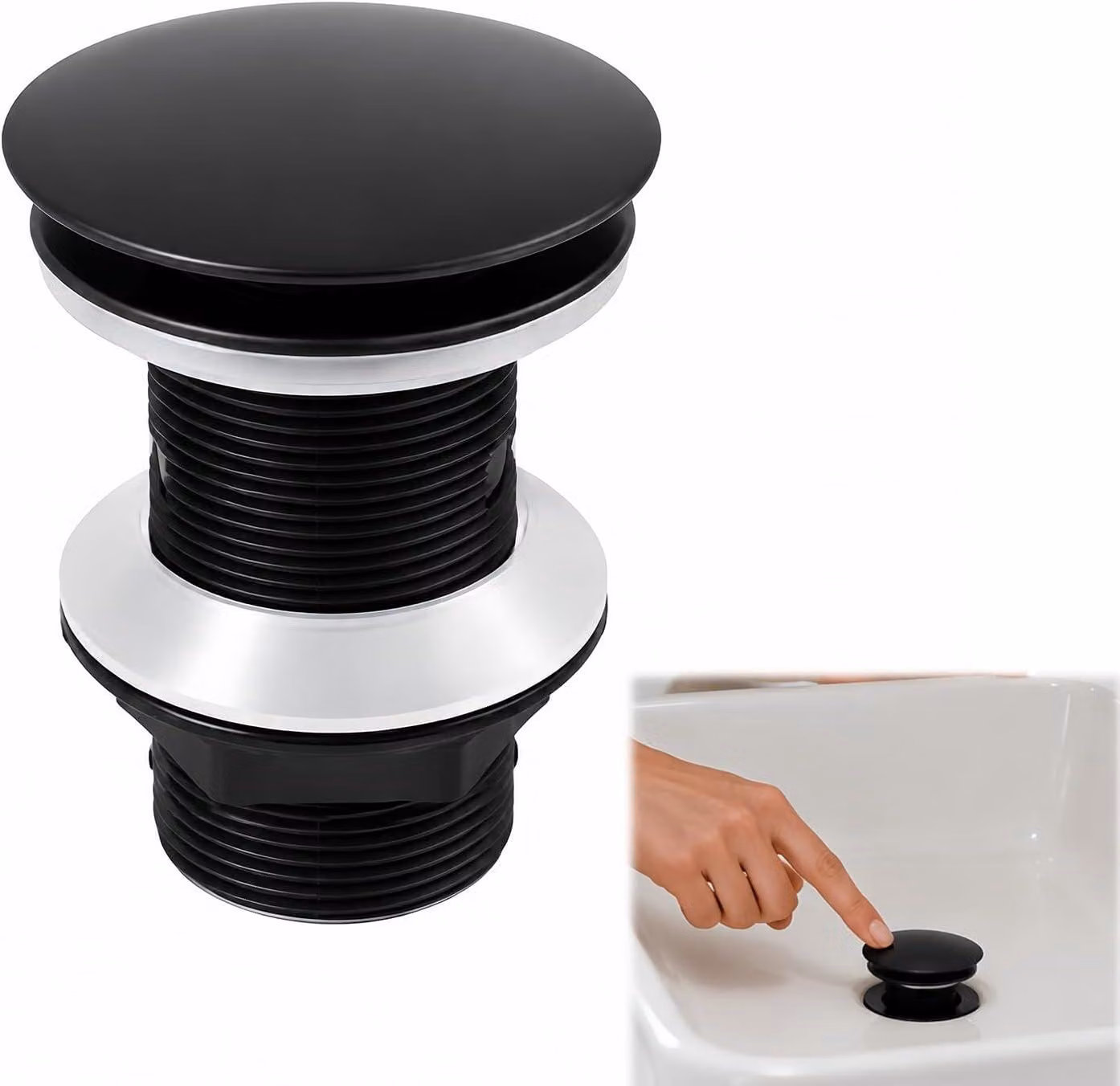 Scarico a scomparsa per lavabo, meccanismo a scatto, attacco G1¼ di pollice, colore nero, per bagno