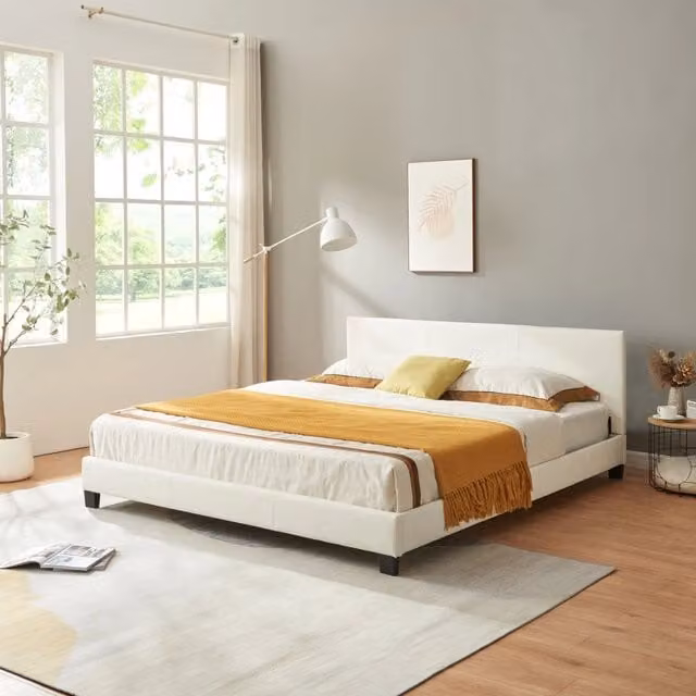 Letto Matrimoniale con Testiera Alta Letto a 2 Piazze 180x200 cm Rivestimento in Similpelle Bianco Corium