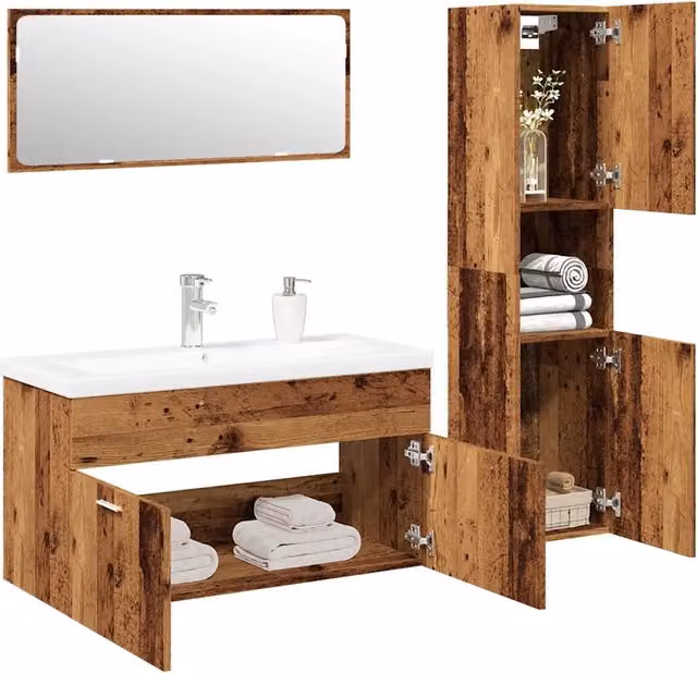 Set di mobili da bagno vidaXL in legno antico marrone e bianco composto da base lavabo, pensile e specchio con dettagli in vetro