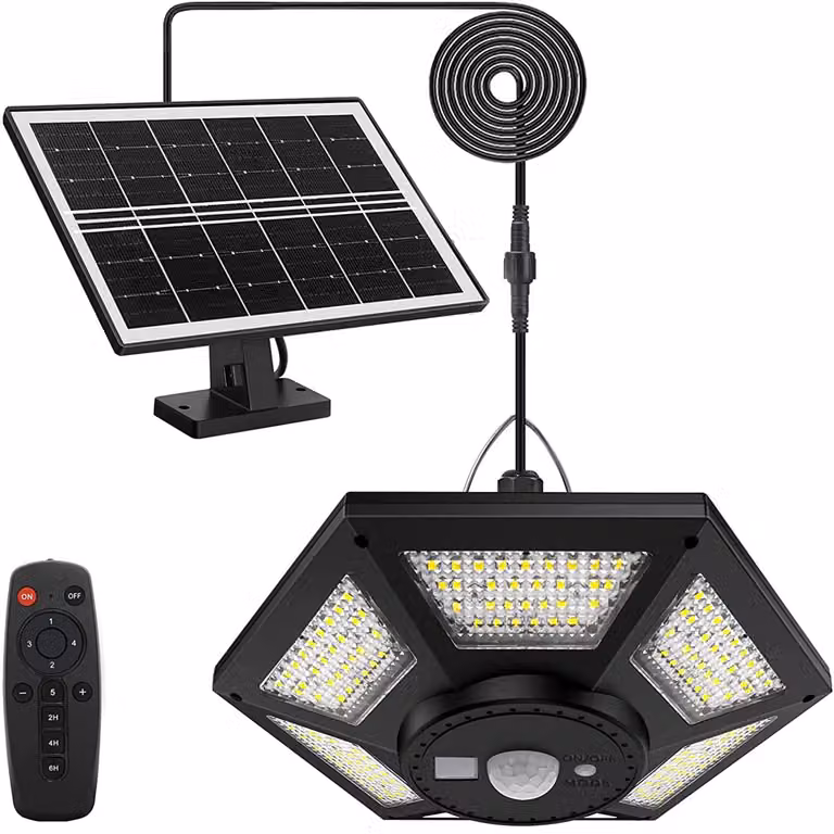 Lampada solare per interni ed esterni, con 180 LED, 1200 lumen, dotata di telecomando, grado di protezione IP65 (resistente all'acqua)