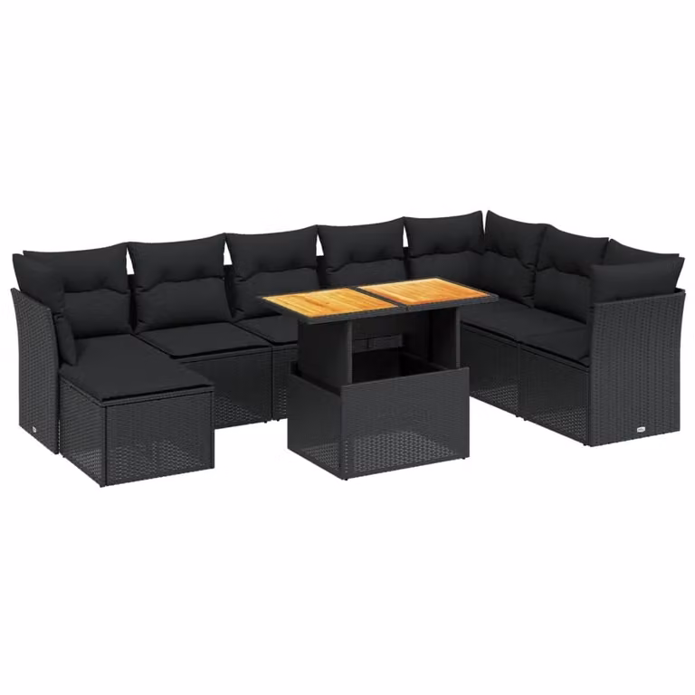 Set Divani da Giardino 9 pz con Cuscini Nero in Polyrattan