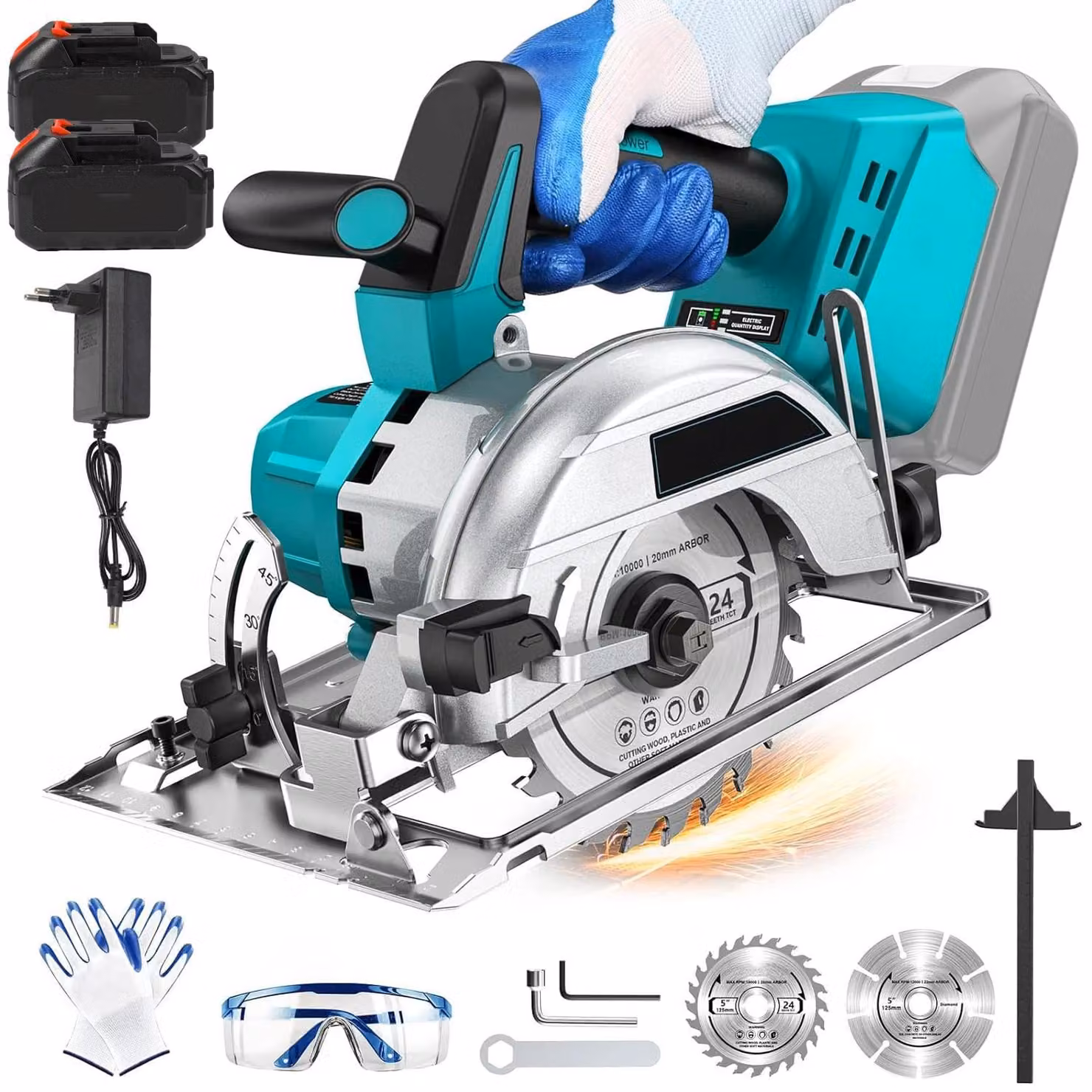 Sega circolare a batteria da 1500W - Sega circolare elettrica - Lama da 125 mm (12,5 cm) - 6000 giri/min - Motore brushless - 18V, 2 batterie + spina di alimentazione EU