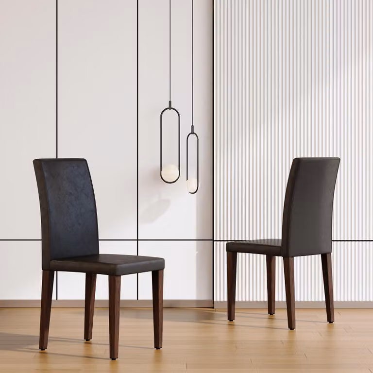 Set di 2 sedie da pranzo, design minimalista, rivestite in ecopelle, gambe in metallo, aspetto legno, stile moderno (noce e nero)