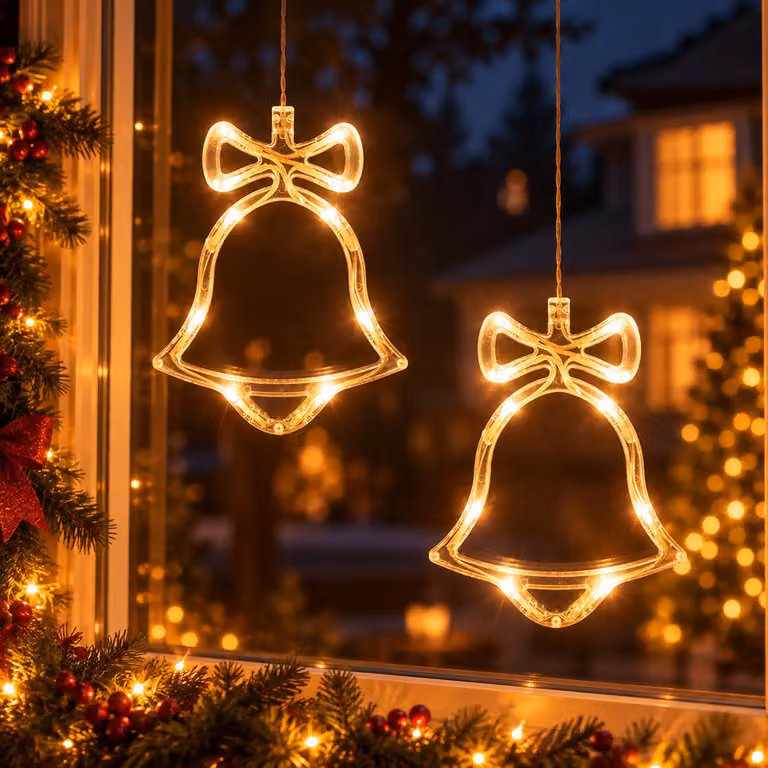 2 luci a LED per finestre con ventosa, catena di luci da appendere per finestre, decorazioni natalizie per finestre, alimentate a batteria, a forma di campanella