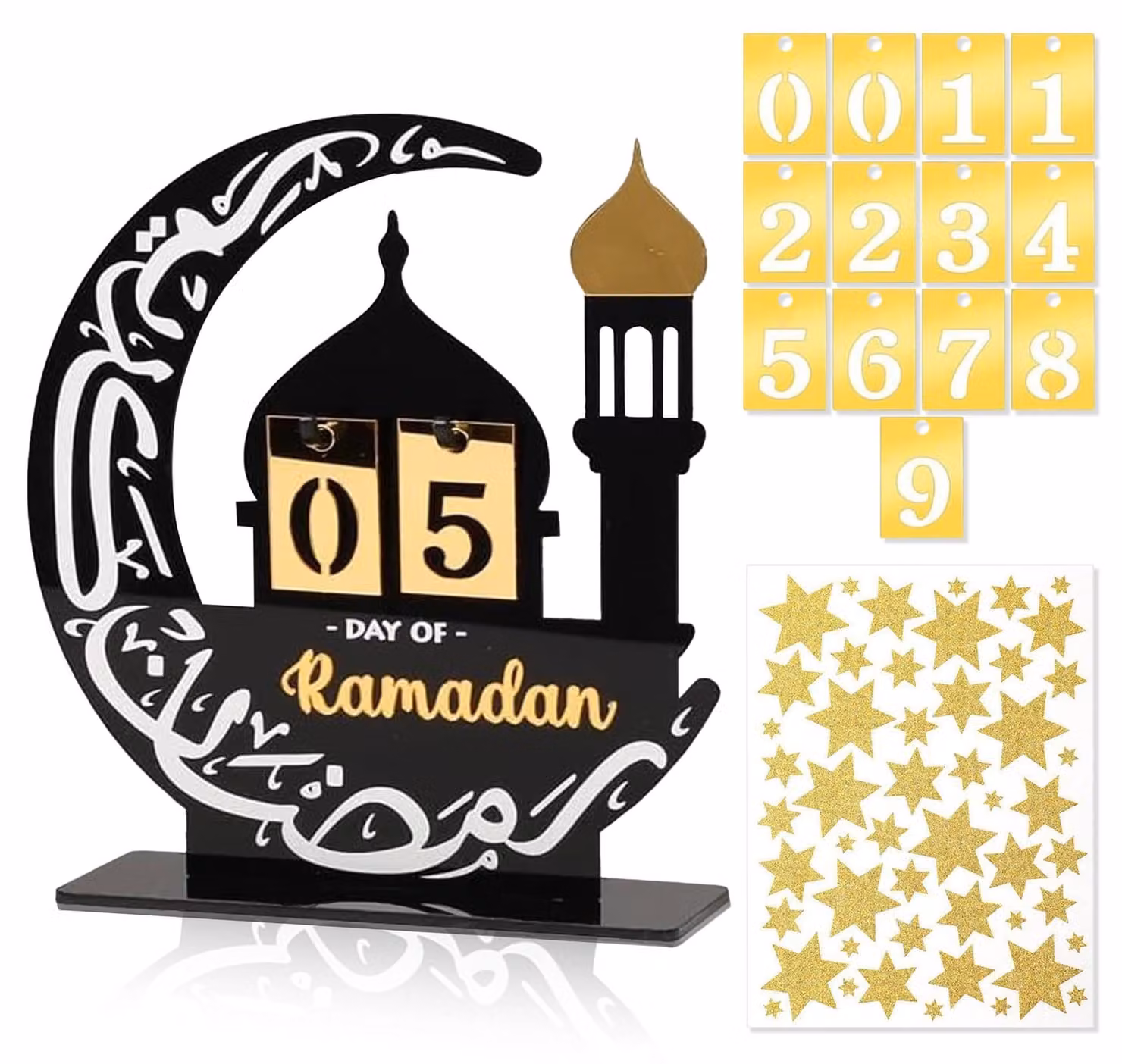Calendario del Ramadan in acrilico, con un conto alla rovescia di 30 giorni e adesivi a forma di stella