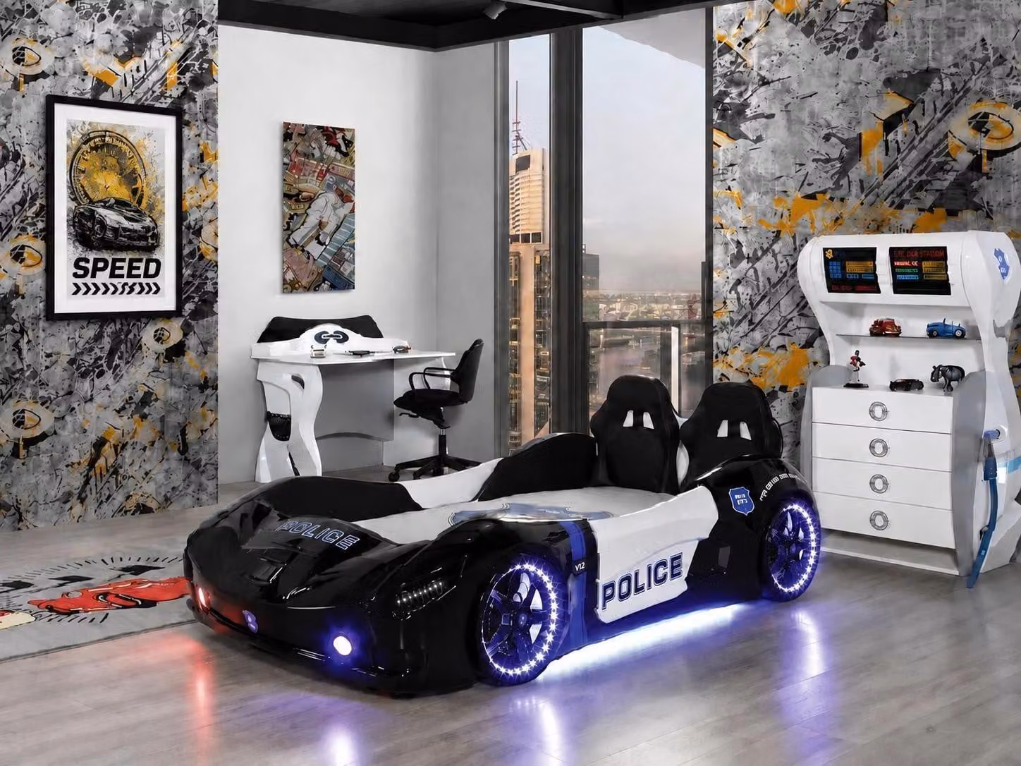 Polizia, auto da corsa, lampada a LED, scrivania, comodino, colore nero