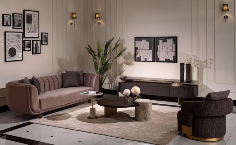 Wohnzimmer Garnitur Sofa Sessel Braun Stoff Couchtische Set 5tlg RTV