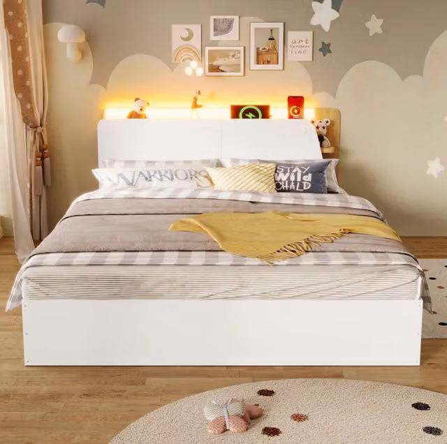 Letto contenitore idraulico 140x200 cm con USB Type-C e LED; bianco e naturale