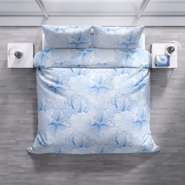 Completo copripiumino e federe DaunenStep Joy in cotone con fantasia floreale blu per adulti