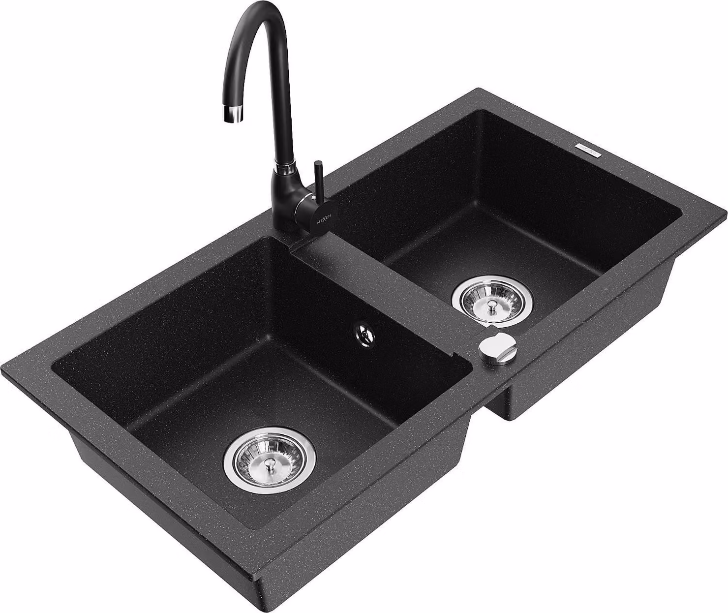 Mexen Mario lavello in granito a 2 vasche con miscelatore da cucina Telma, nero/argento - 6504-73-670200-70