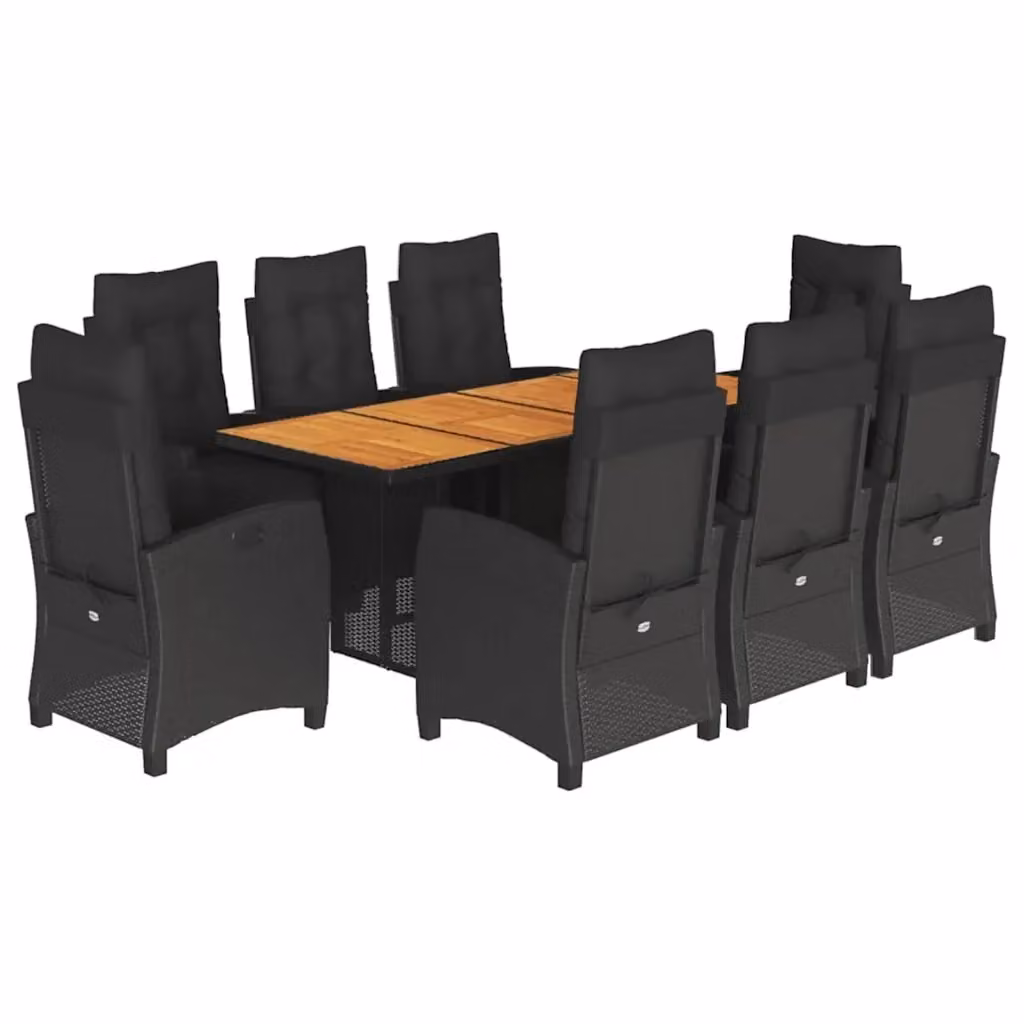 Set da pranzo da giardino vidaXL in polyrattan nero con cuscini e tavolo in legno di acacia, 9 pezzi – 2