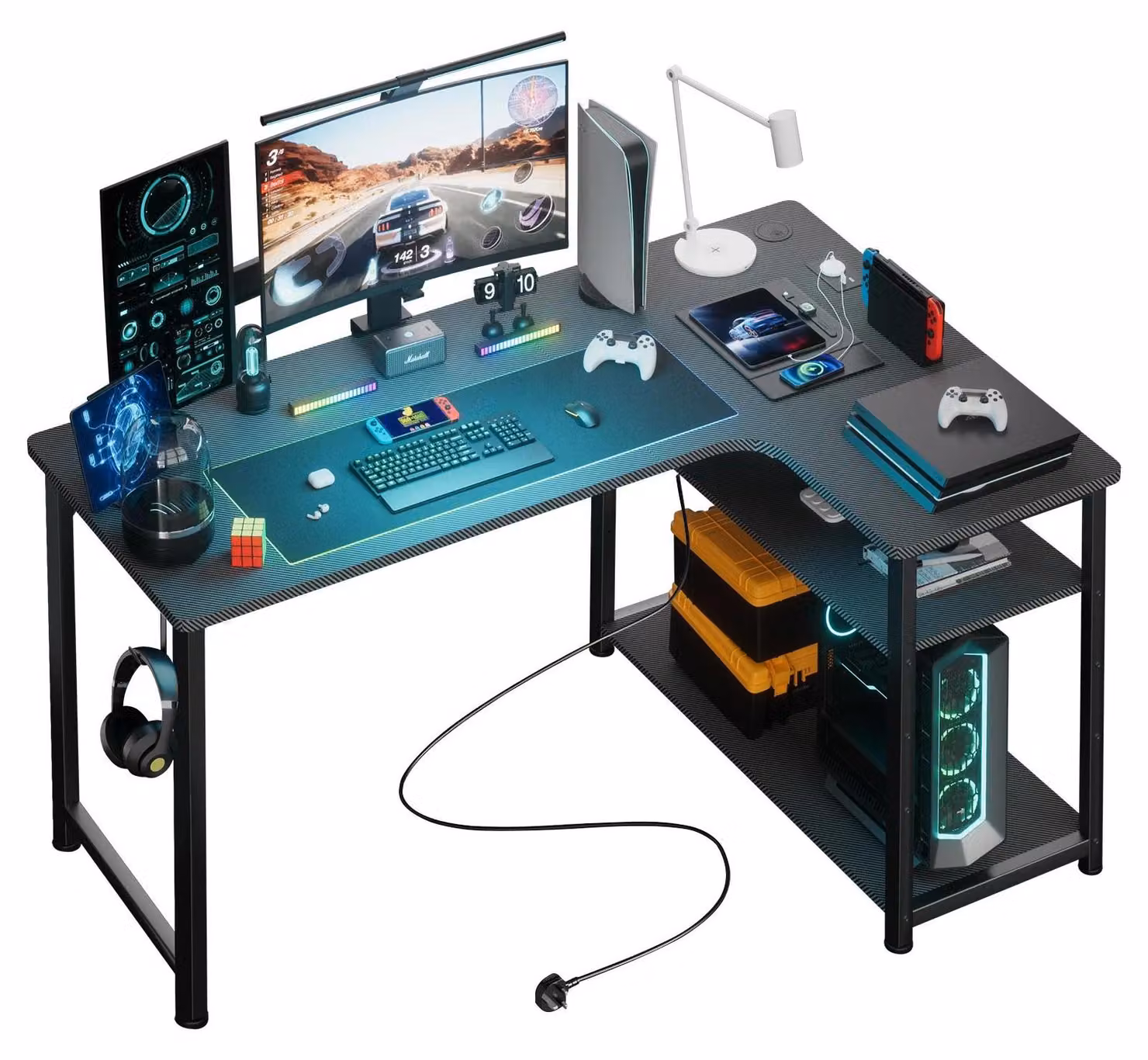 Scrivania da gaming, design a L, ricarica USB integrata, nera