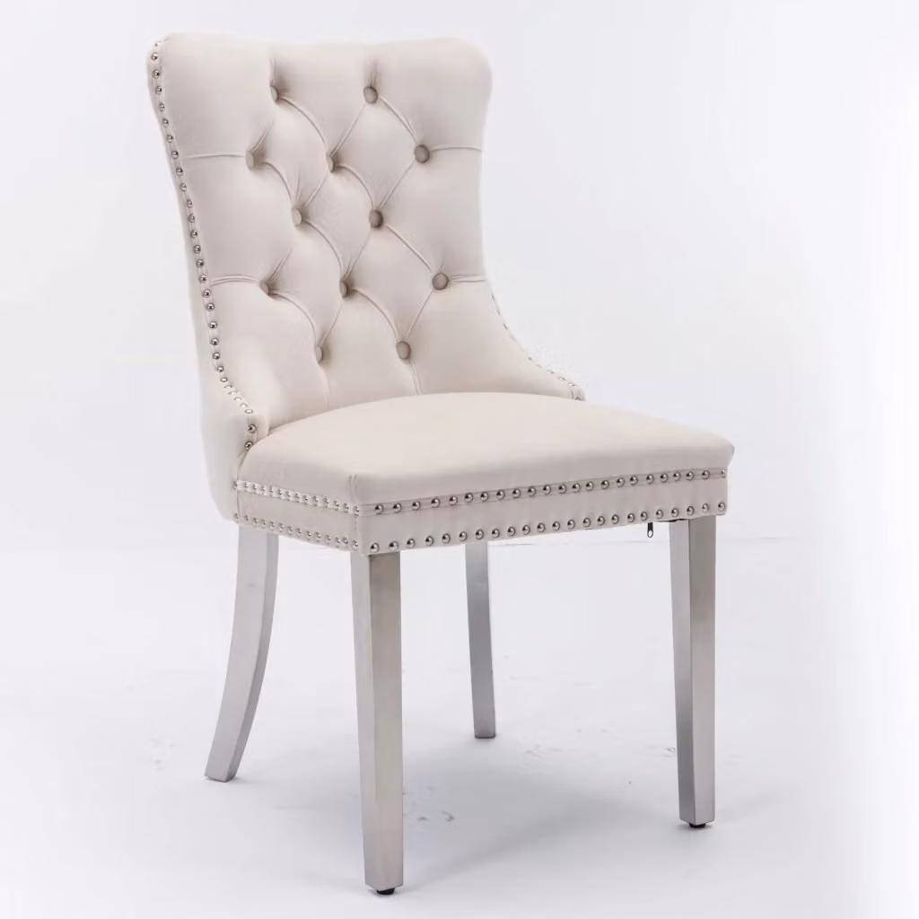 Sedia da sala da pranzo OKWISH in velluto beige con schienale alto e gambe in legno – 2