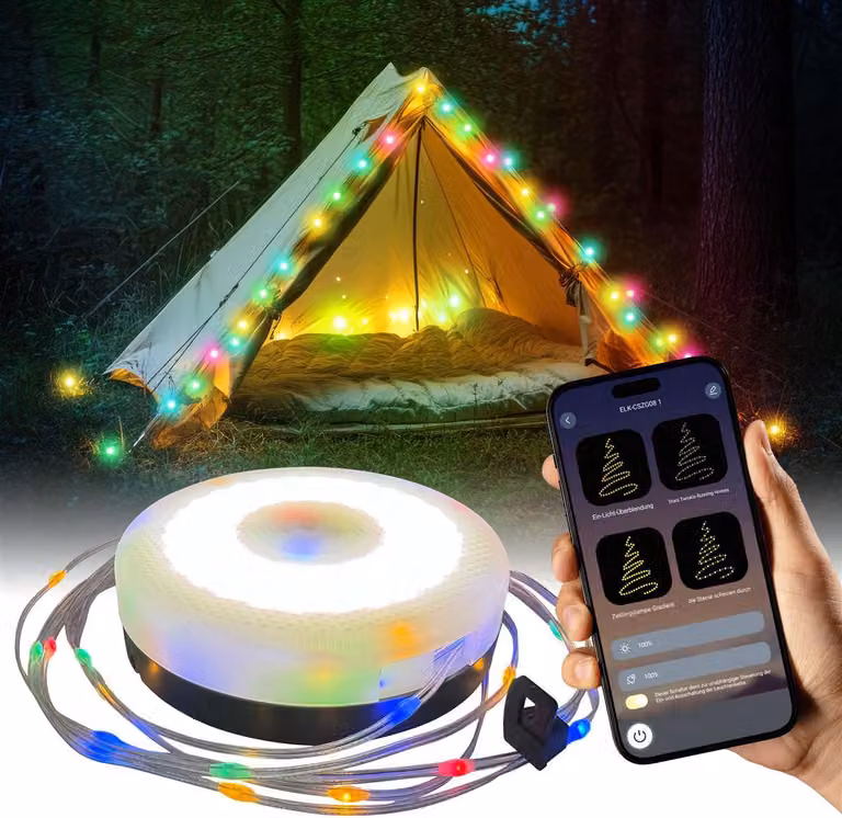 Catena luminosa LED solare da campeggio avvolgibile | Lampada multifunzione 3 in 1 con controllo tramite app, catena luminosa RGB impermeabile da 10 m, lanterna, powerbank (3600 mAh), USB-C