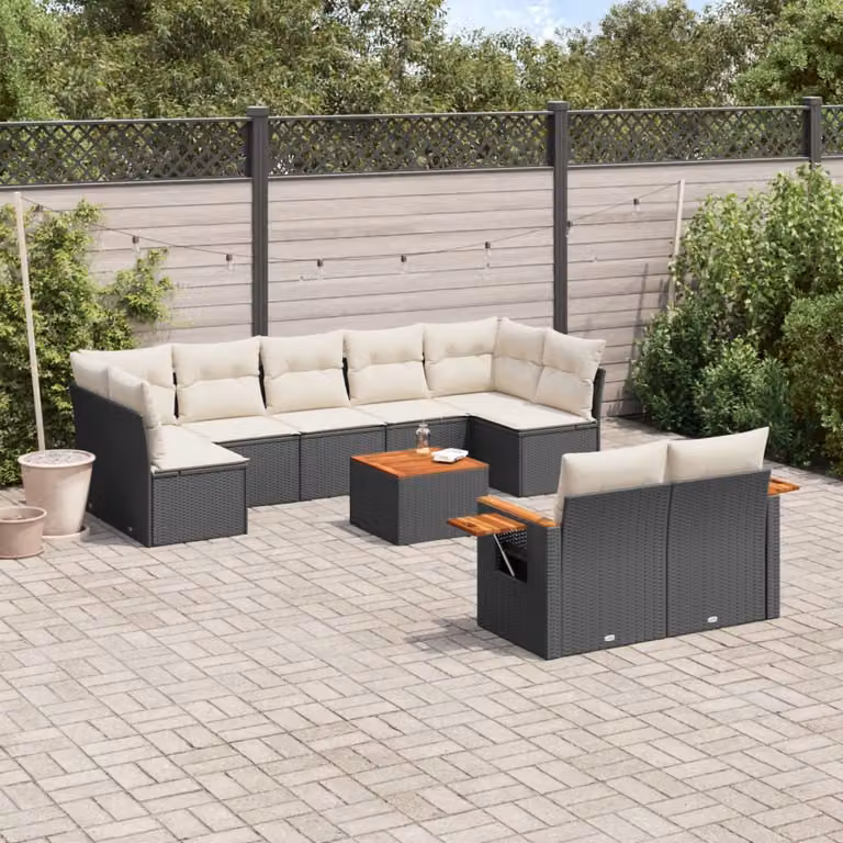 vidaXL Set Divani da Giardino 10pz a Forma a U in Polyrattan Nero con Cuscini e Tavolino da Esterno