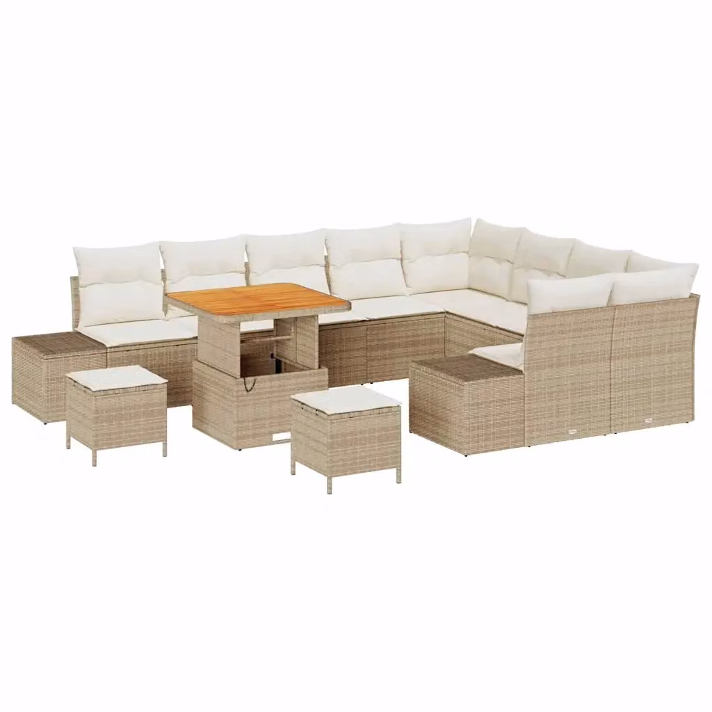 Set Divano da Giardino vidaXL a Forma di U con 12 Pezzi, Beige, con Cuscini e Tavolino da Caffè in Metallo e Legno di Acacia – 2