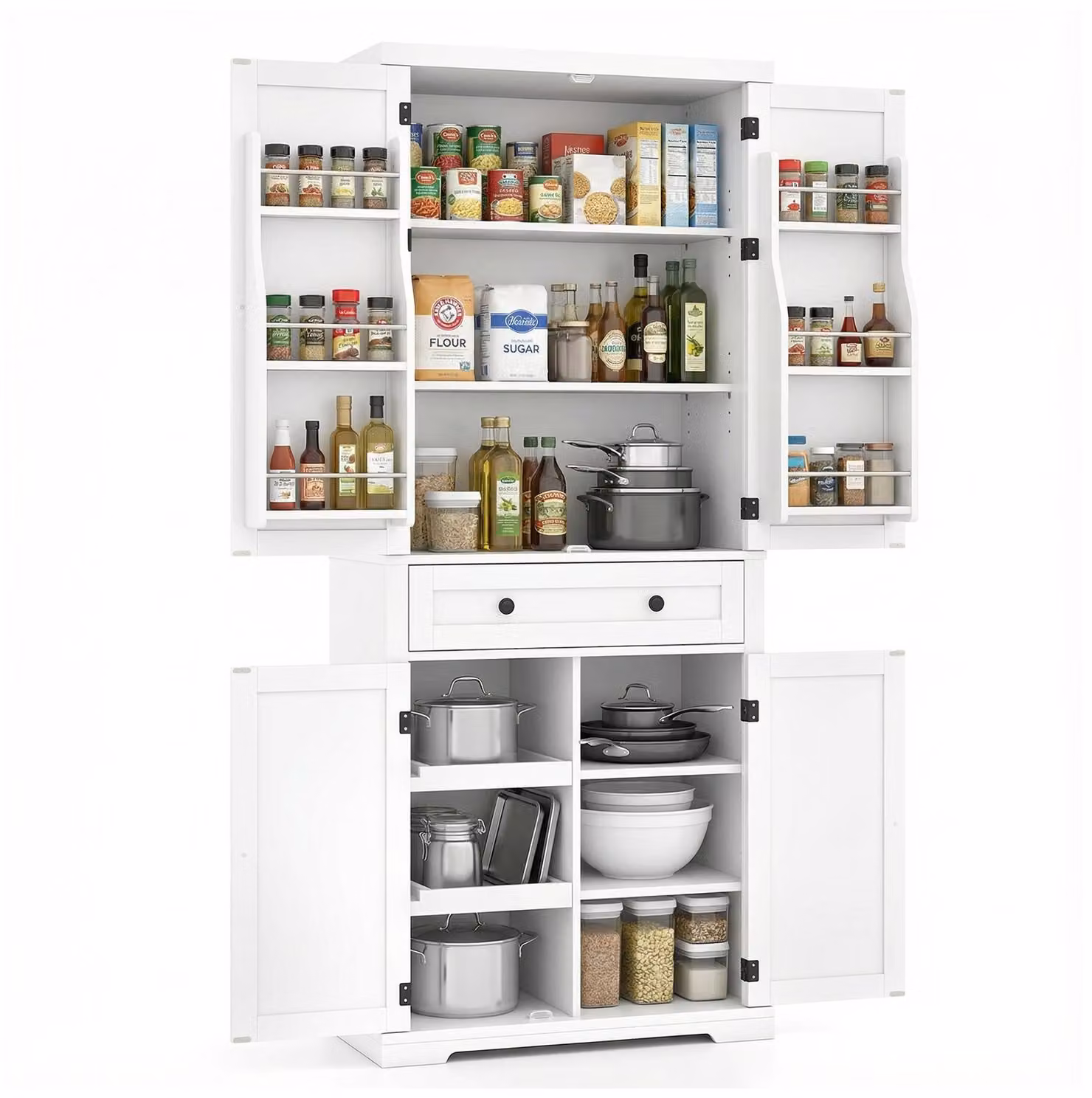 COSTWAY Mobile da cucina alto, 184 cm, dispensa, mobile buffet con 4 ripiani, 2 vassoi scorrevoli, 4 ante e un cassetto, mobile contenitore, bianco