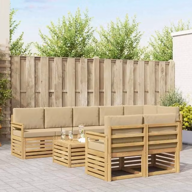 Set di divani da esterno a L vidaXL in legno di acacia con tavolo da caffè, 9 pezzi, Bianco, Beige e Marrone