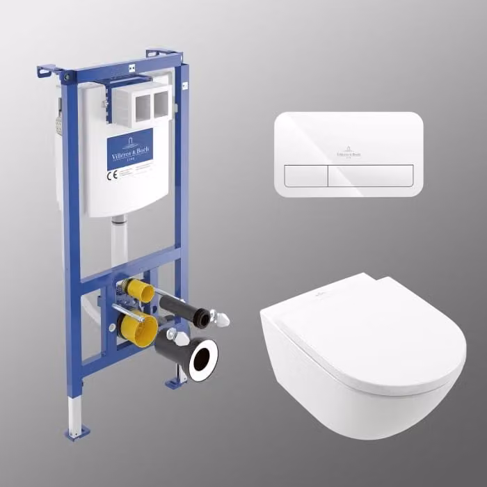Set completo per WC Villeroy & Boch Subway 3.0, comprensivo di struttura a parete e pulsante di scarico