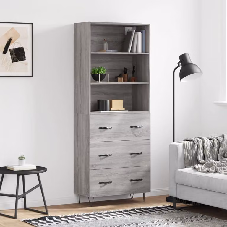 Credenza moderna vidaXL in legno multistrato e metallo, Grigio Sonoma, L: 69,5 cm, P: 34 cm, H: 180 cm