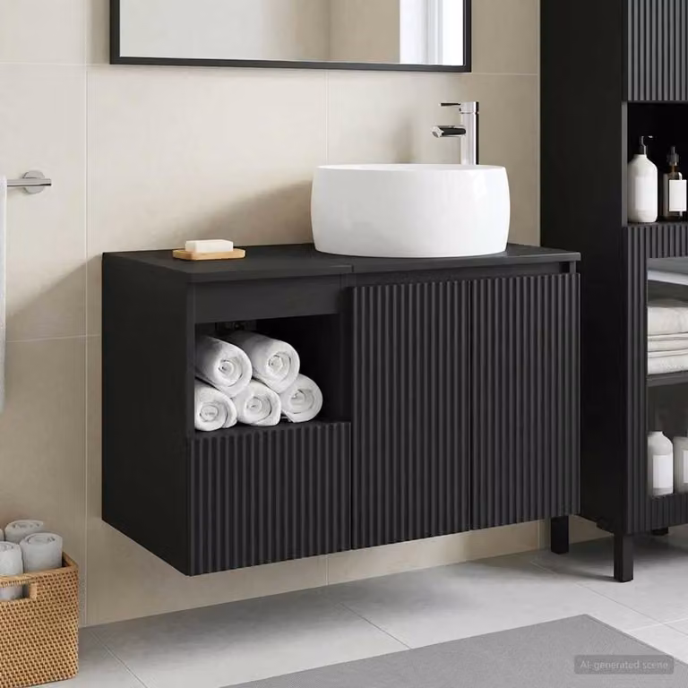 Set di mobili da bagno moderno vidaXL composto da mobile lavabo e pensile in MDF nero opaco