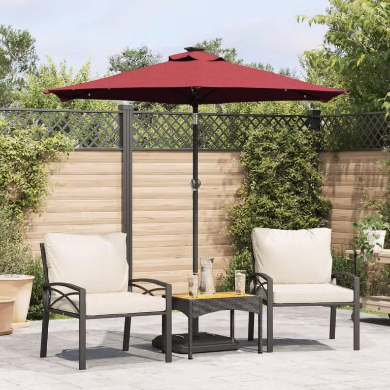 Ombrellone da giardino vidaXL con LED, palo in acciaio e copertura in poliestere, colore rosso bordò, L: 225 cm, P: 225 cm, H: 212 cm