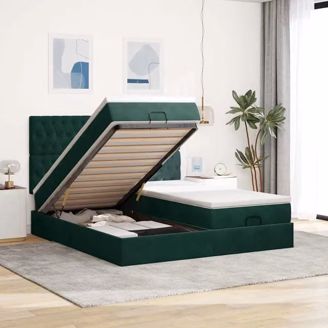 Letto con contenitore a sollevamento vidaXL in velluto verde e bianco con materasso 160 x 200 cm