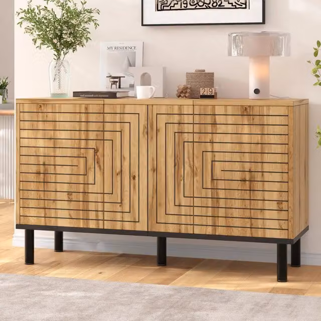 Credenza OKWISH marrone con 3 ante e 6 vani, design geometrico e minimalista, L 120 x P 35 x H 68 cm – 1