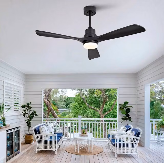 Ventilatore da soffitto con luce 132 cm, metallo/legno nero, 6 velocità –