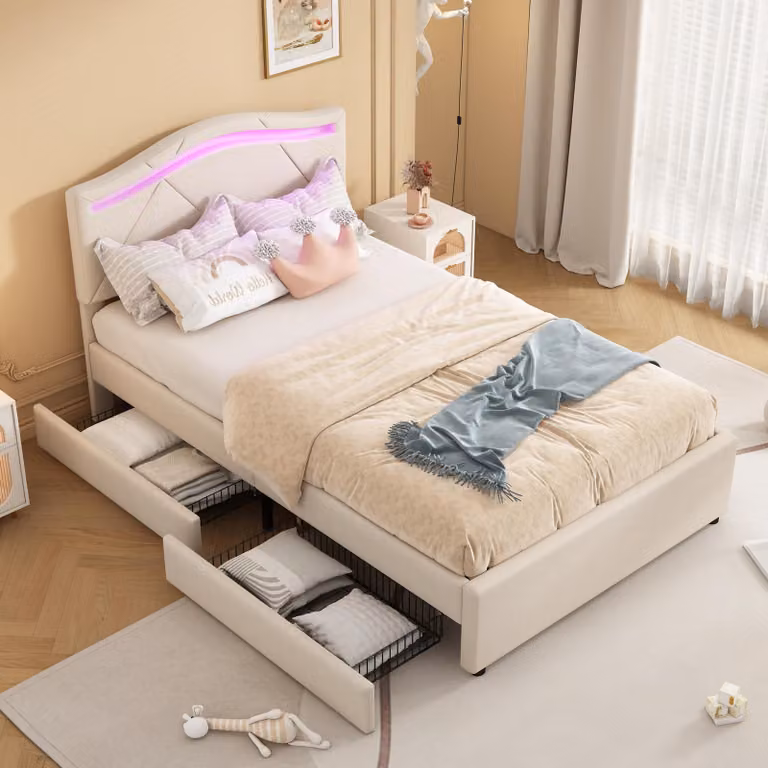 Letto imbottito STILVORA 90x200 con 2 cassetti e illuminazione a LED, letto per ragazzi con vano contenitore e rete a doghe, struttura letto con testiera regolabile, velluto, senza materasso, beige