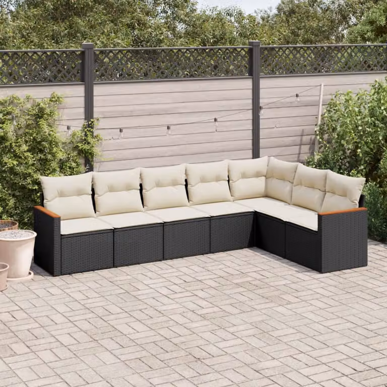 vidaXL Set Divano da Giardino a L con 7 Cuscini, Struttura in Metallo e Polyrattan Nero e Bianco
