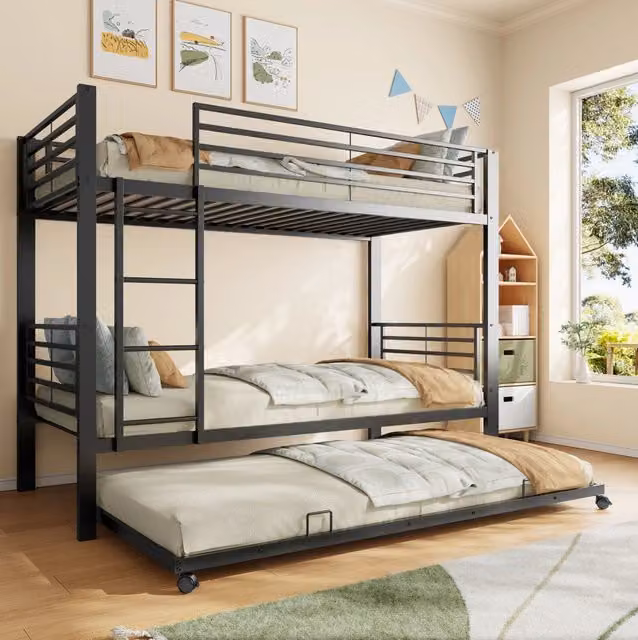 Letto a castello ULEVR 90x200 cm con letto estraibile 90x190 cm, struttura in metallo nera, 3 posti letto