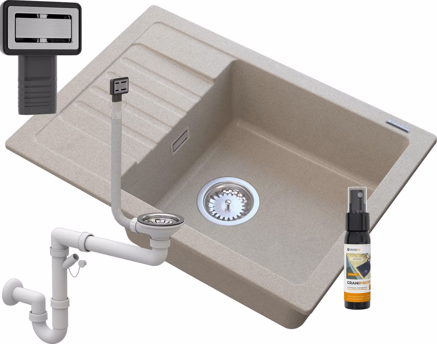 Granitan - Lavello in granito - Lavello da cucina - 62x44x18 cm - Beige - con sifone e trattamento impermeabilizzante - Lavello - ARGOS
