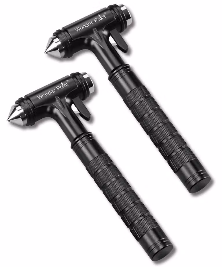 Martello di emergenza auto 3-in-1: taglia cinture di sicurezza, rompe vetri, realizzato in alluminio, colore nero, confezione da 2 pezzi