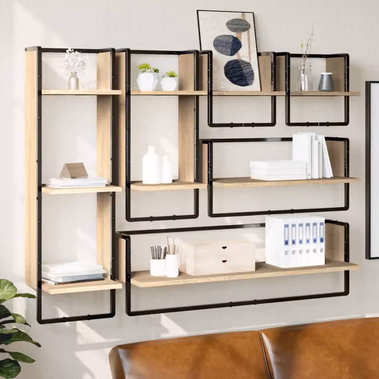 Set di 6 mensole da parete con aste vidaXL in legno multistrato e metallo, colore Rovere Sonoma