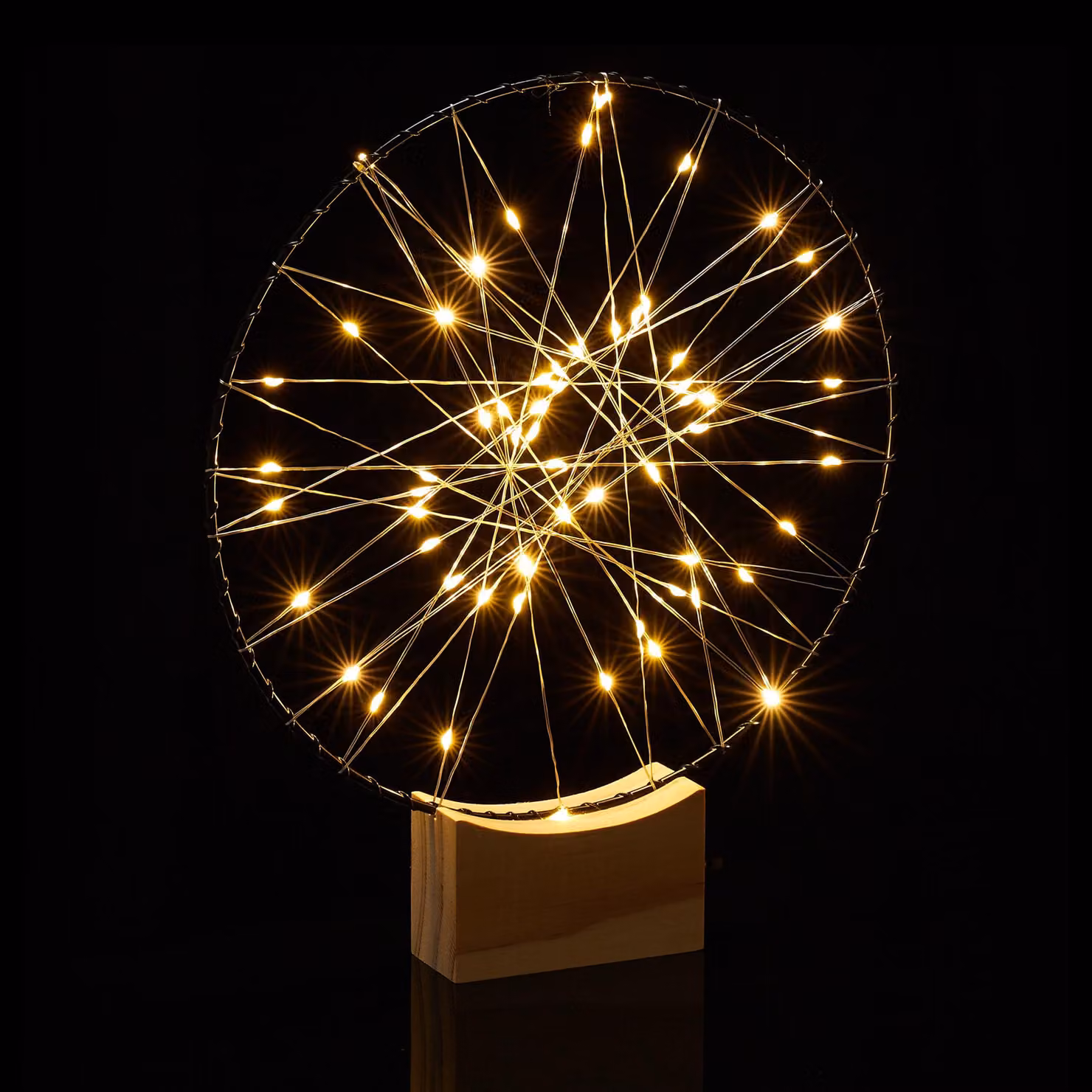 Lampada decorativa a LED, diametro 25 cm, color argento, con base in legno, alimentata a batteria