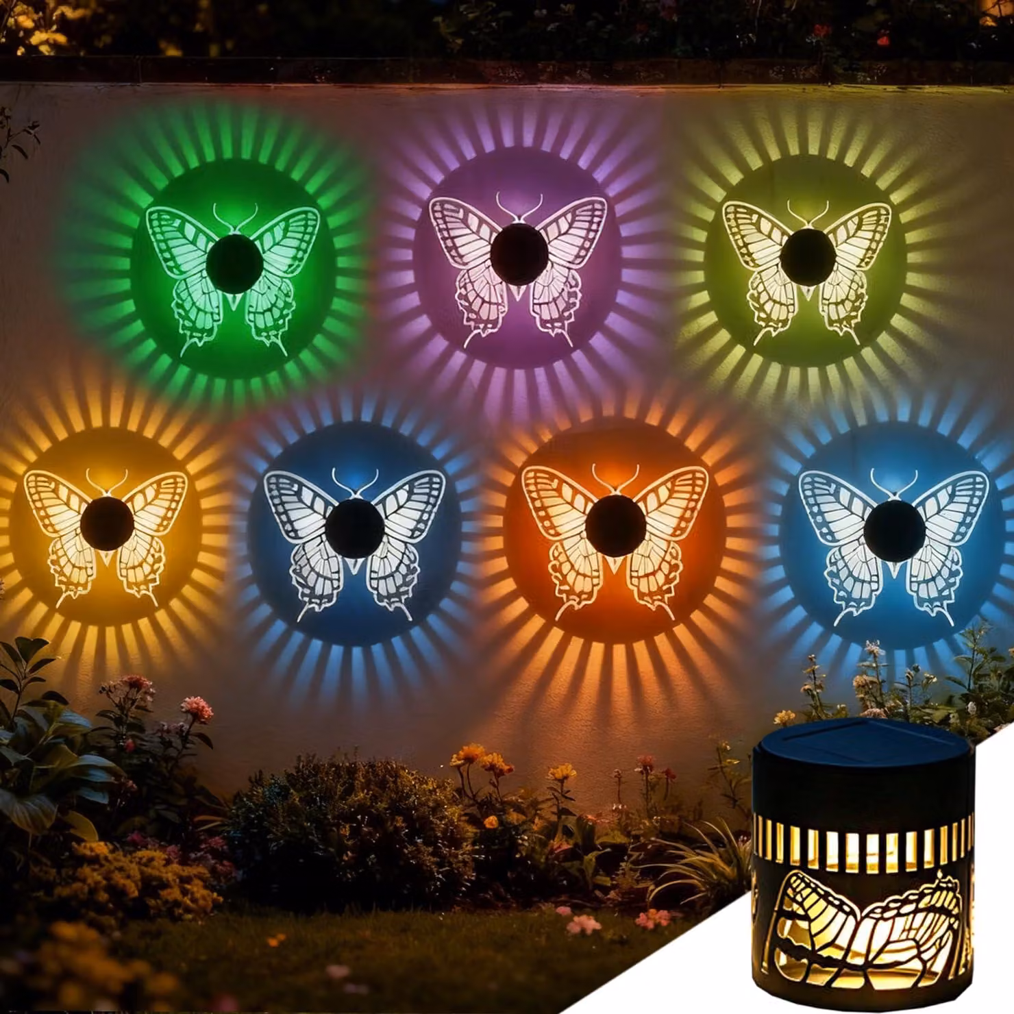 Lampada solare decorativa con motivo a farfalla, 7 colori, dimensioni 10x10 cm