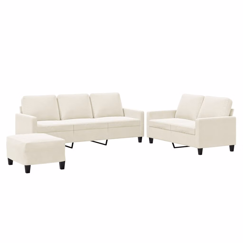 Set di Divani 3 pz con Cuscini Crema in Velluto