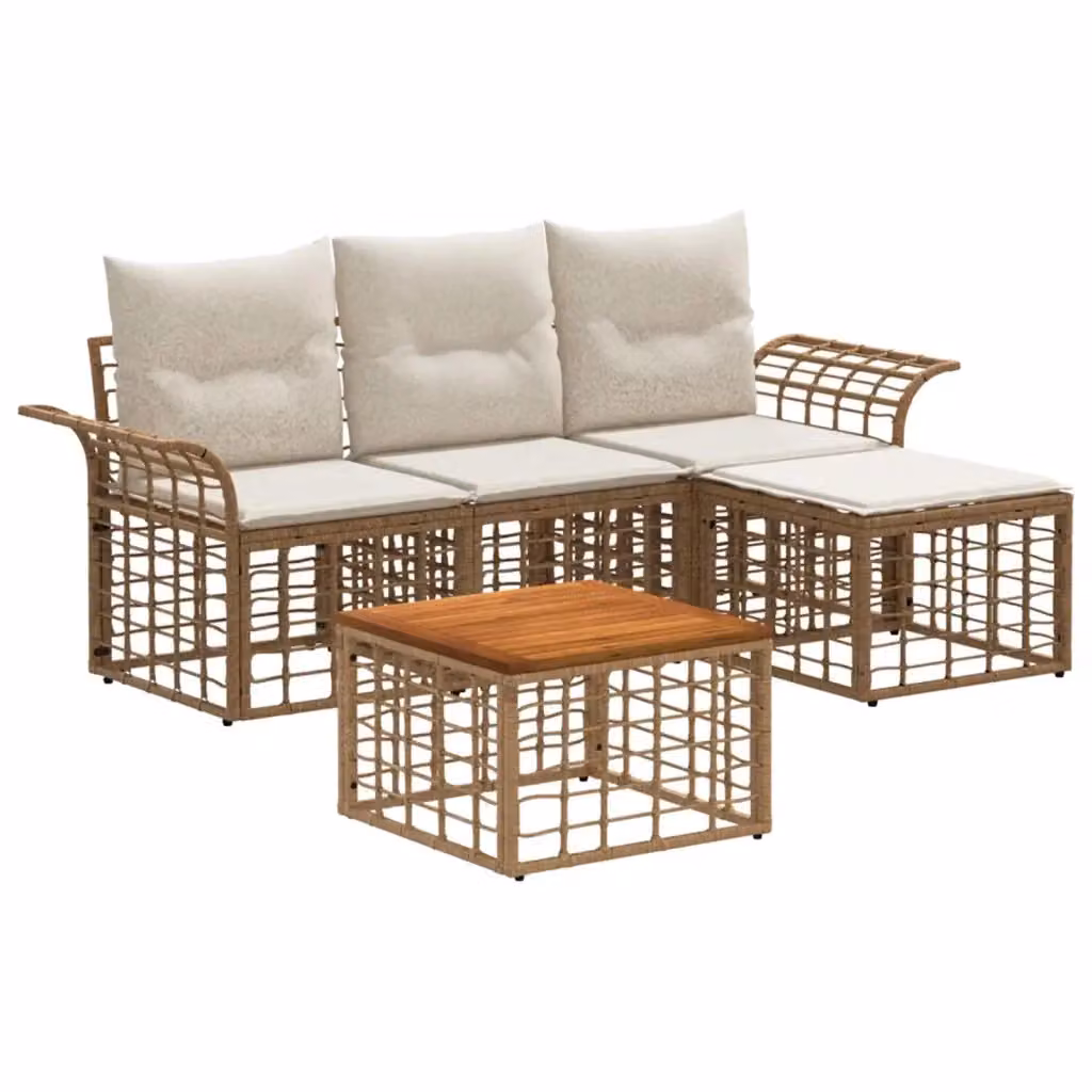 Set di divani da esterno moderno vidaXL composto da 5 pezzi con struttura in acciaio verniciato a polvere e cuscini in schiuma, include divano a 3 posti, elemento angolare, pouf e tavolino da caffè, colori beige, bianco e marrone – 2