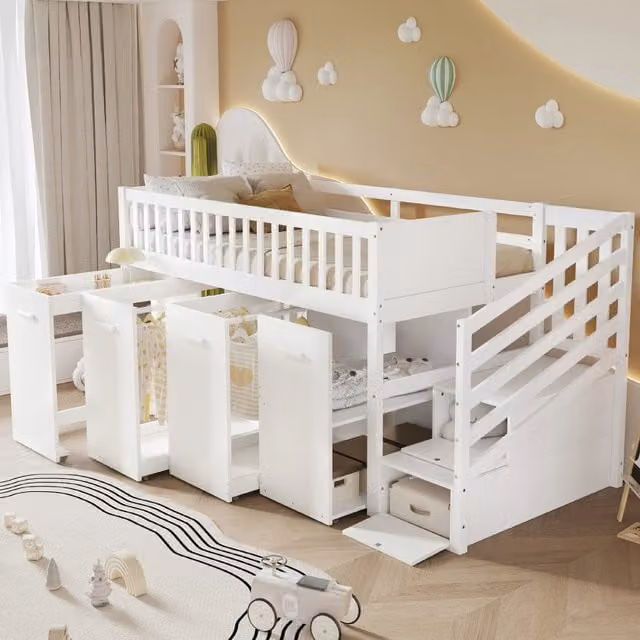 Letto a castello per bambini 2 posti 90 × 200 cm con scrivania, armadi e contenitori, senza materasso, bianco