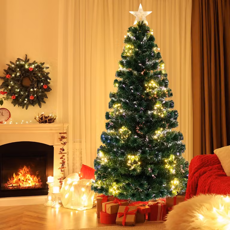 Albero di Natale Artificiale Costway in Fibra Ottica Verde con Luci LED Warm White e Stella Multicolore, Altezza: 180 cm