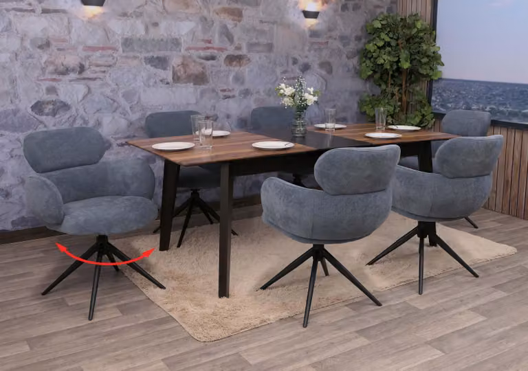 Set di 6 sedie da pranzo modello HWC-O77, sedia per cucina, girevole con sistema di ritorno automatico, rivestita in tessuto chenille (310g/m²), colore grigio-blu
