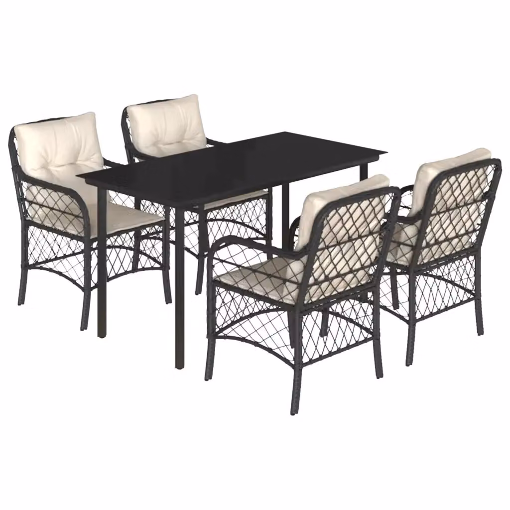 Set da Pranzo da Giardino vidaXL in Polyrattan Nero con Cuscini e Tavolo in Vetro 5 pz – 2