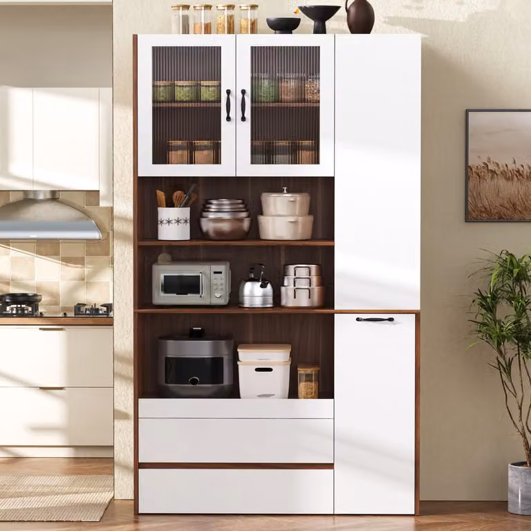 Mobile contenitore moderno per cucina, con ripiani estraibili, vetri smerigliati, ideale come credenza o mobiletto per stoviglie, per cucina o sala da pranzo, colore bianco/noce, dimensioni 100 cm