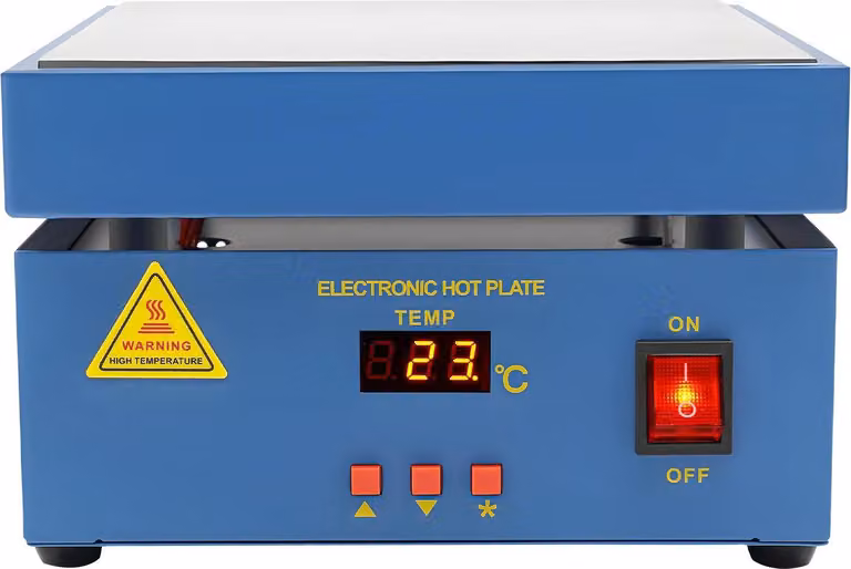 Piastra riscaldante elettrica per saldatura - Modello 946 - 800W. Piastra di preriscaldamento con microcomputer - Piano di lavoro 20x20 cm - Controllo LCD da 50 a 400°C - Alimentazione: AC 220–250V - Colore: bianco