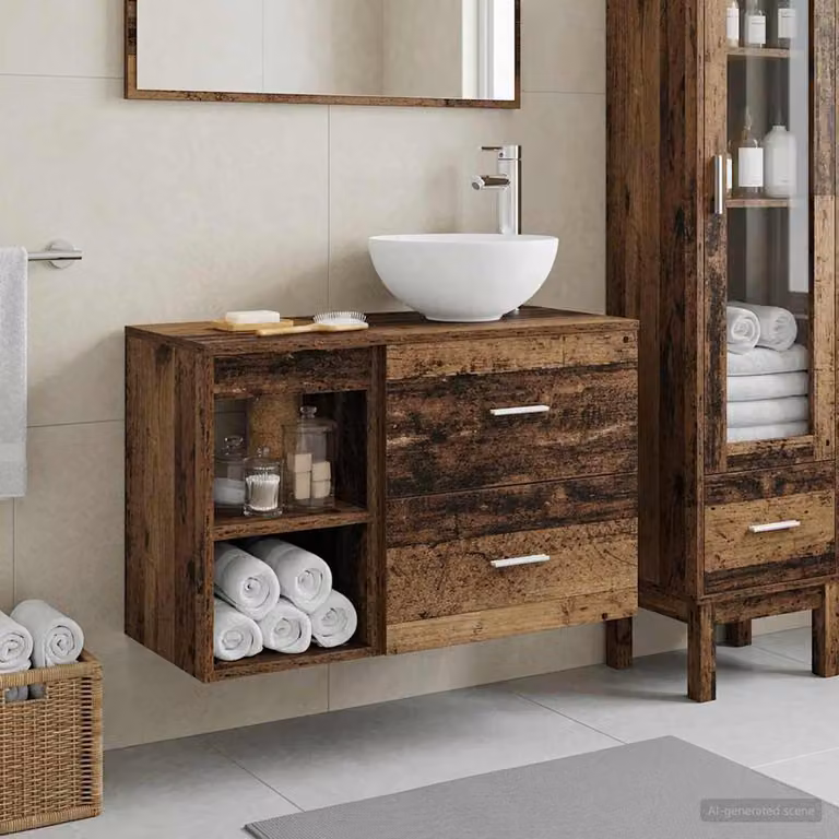 Set di mobili da bagno moderno vidaXL in legno marrone composto da mobile lavabo e pensile a parete