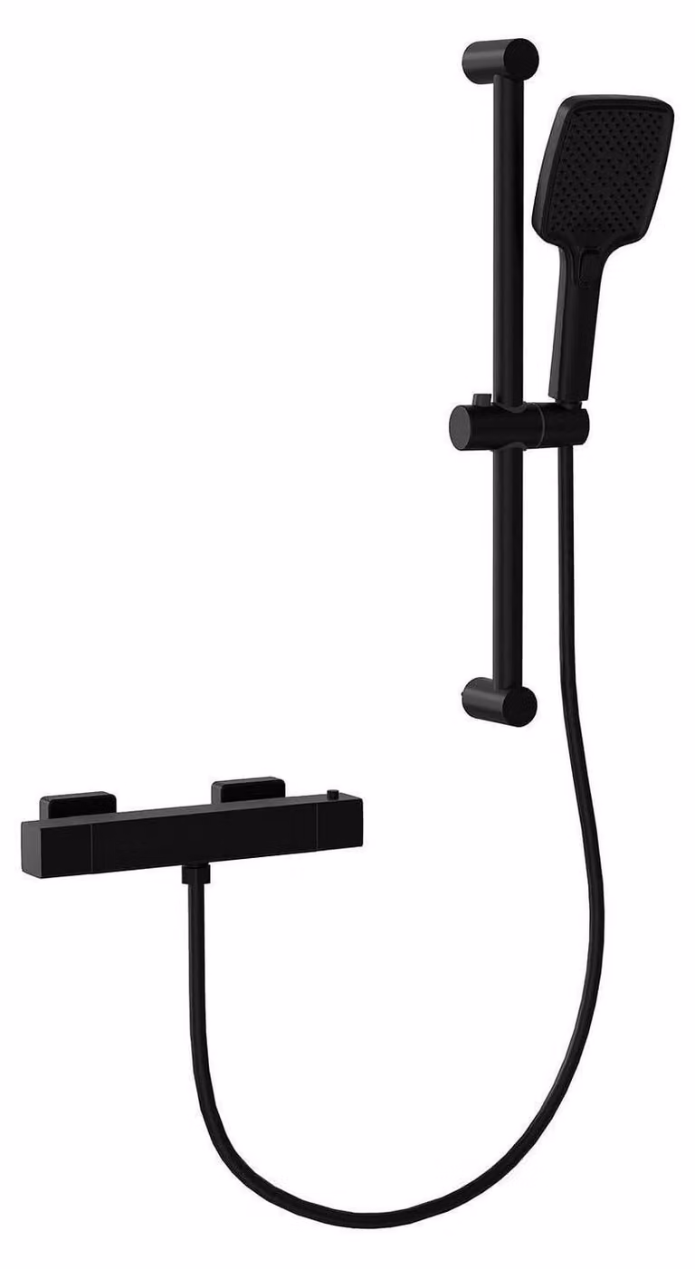 Miscelatore per doccia con termostato, design quadrato, colore nero, montaggio a parete, completo di soffione. Include pulsante di sicurezza a 38°C, 5 diverse tipologie di getto, altezza regolabile, realizzato in ottone cromato e acciaio inossidabile, con